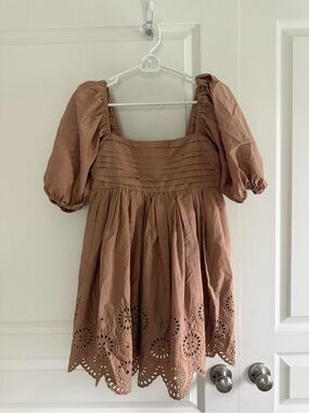 Abercrombie & Fitch Brown Puff-Sleeve Eyelet Mini Dress